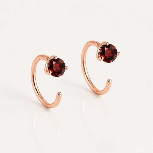 925 Sterling Silver Garnet Hoop Earrings, Minimalist Round Cut Red Gemstone Jewelry