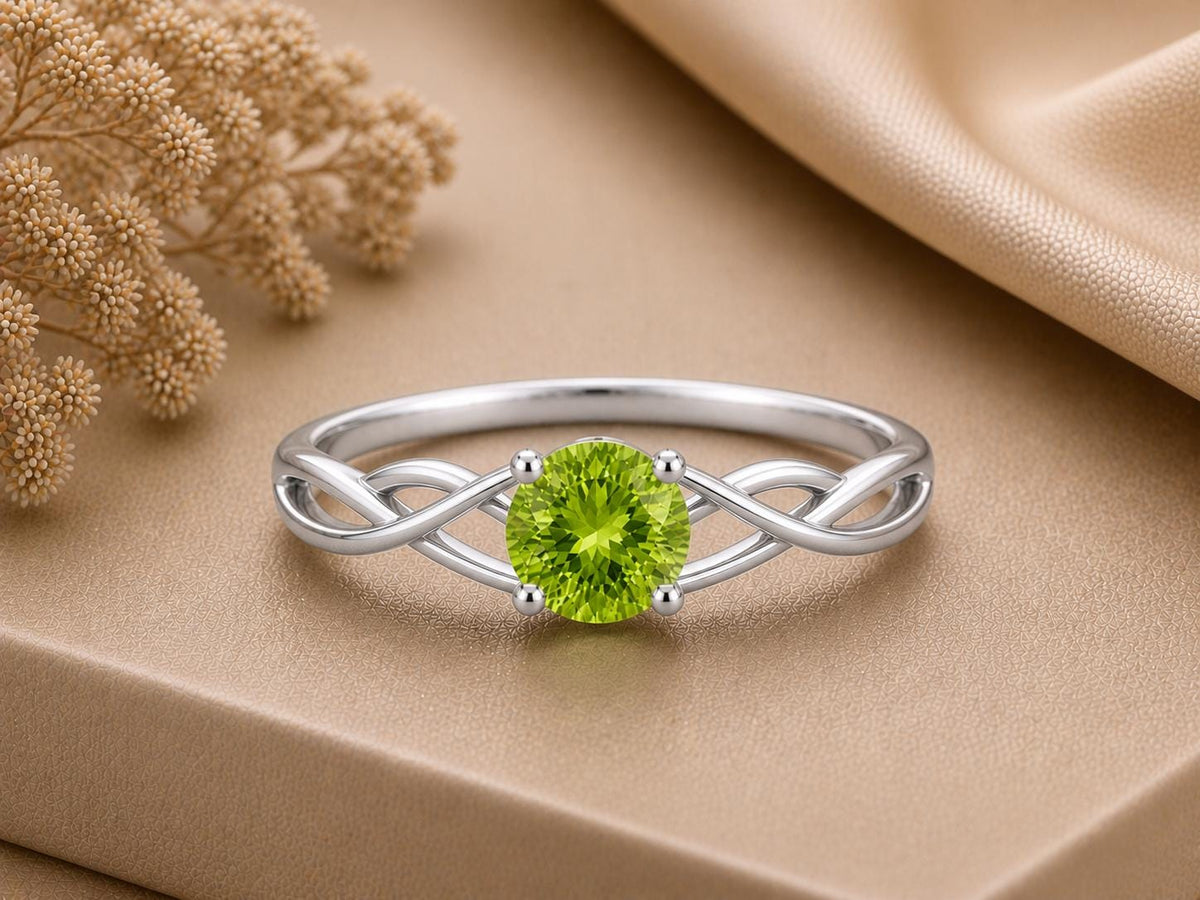 Peridot Infinity Twist Ring, Round Cut Green Stone, August Birthstone, Sterling Silver Promise Ring