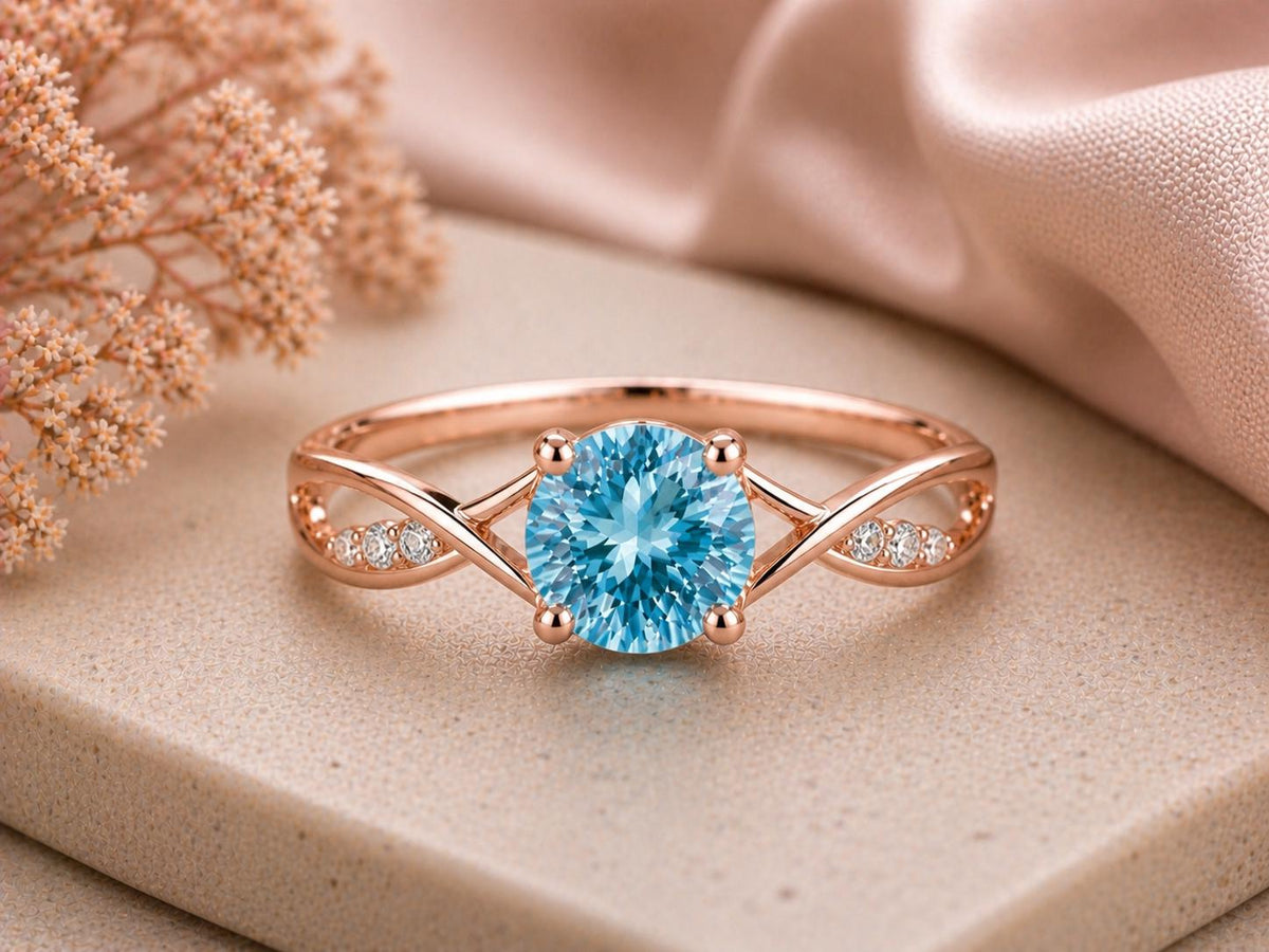 Swiss Blue Topaz Infinity Ring, Sterling Silver Solitaire with CZ Accents