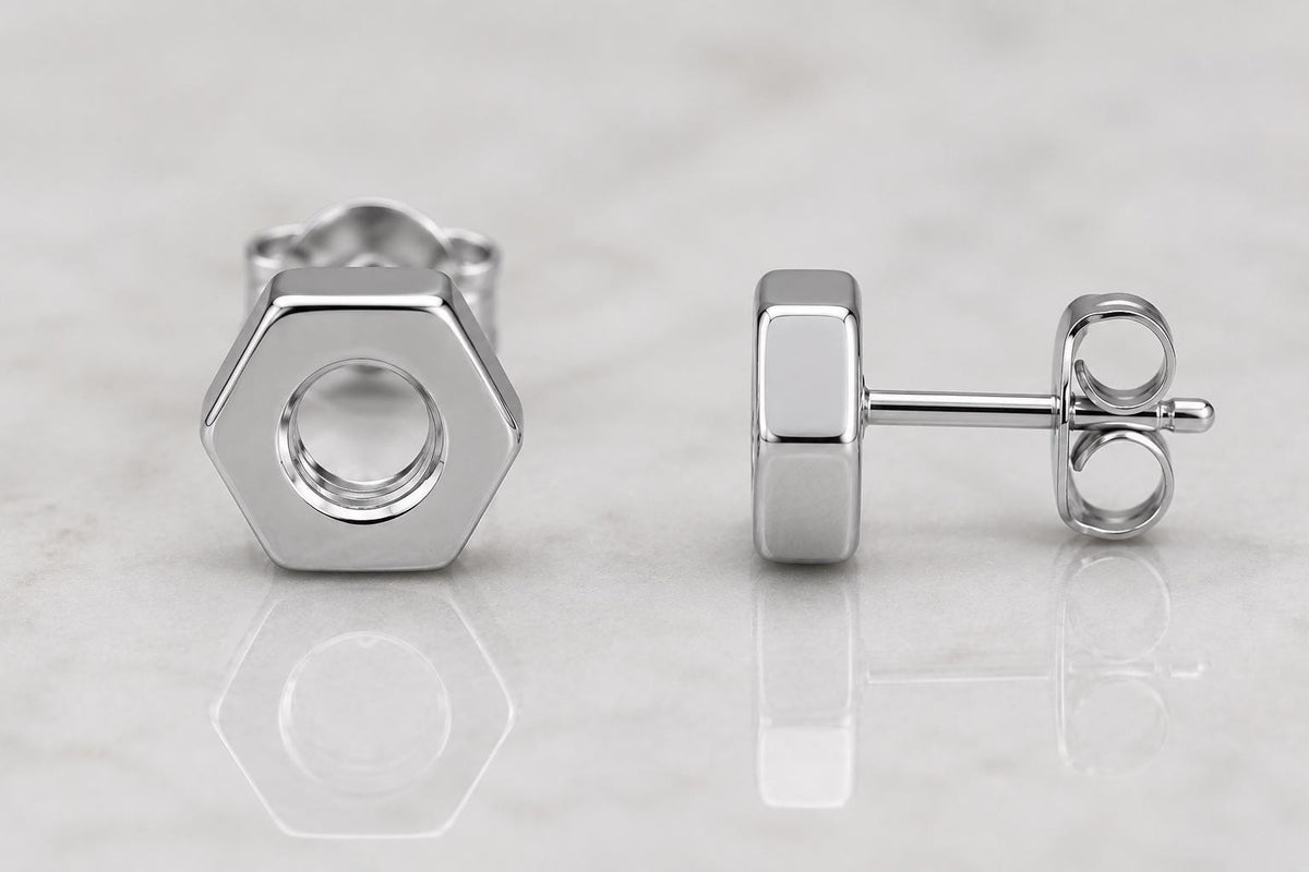Sterling Silver Hex Nut Stud Earrings, Minimalist Geometric Industrial Jewelry