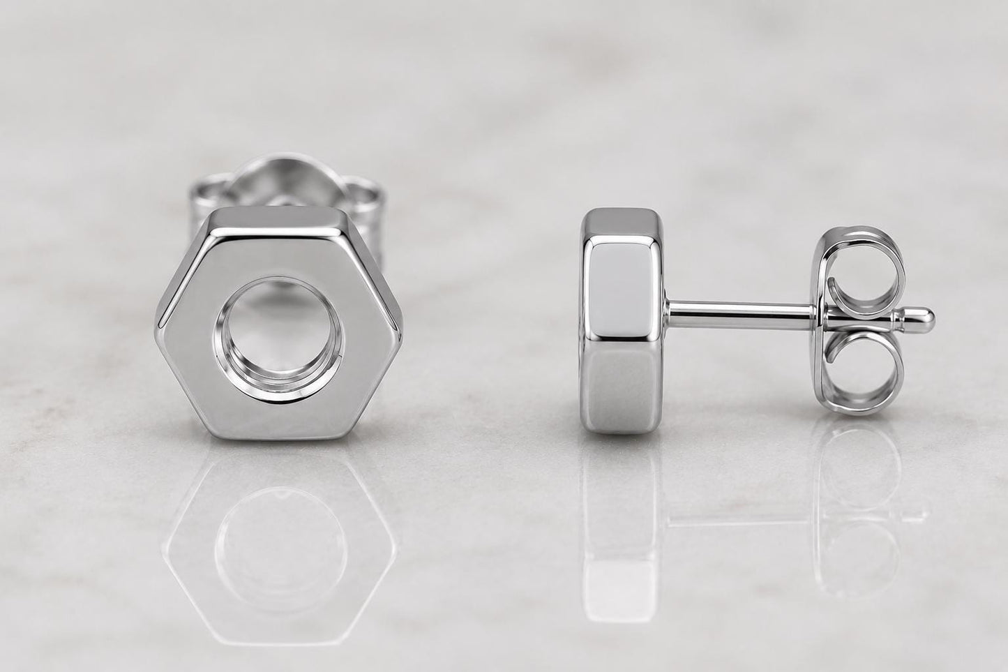 Sterling Silver Hex Nut Stud Earrings, Minimalist Geometric Industrial Jewelry