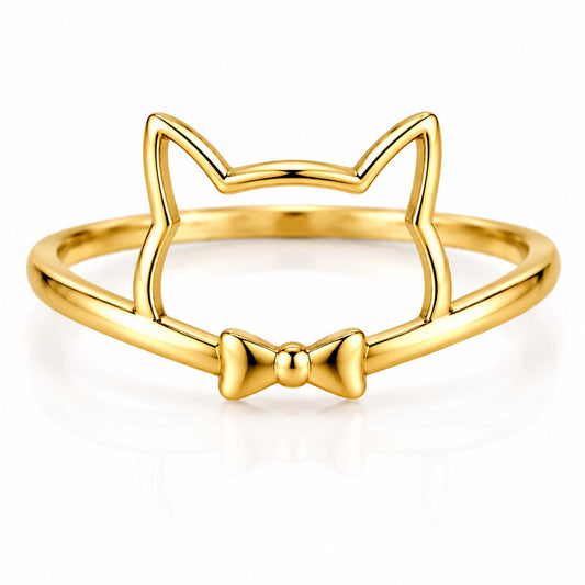 Sterling Silver Cat Face Ring with Bow, Minimalist Animal Jewelry