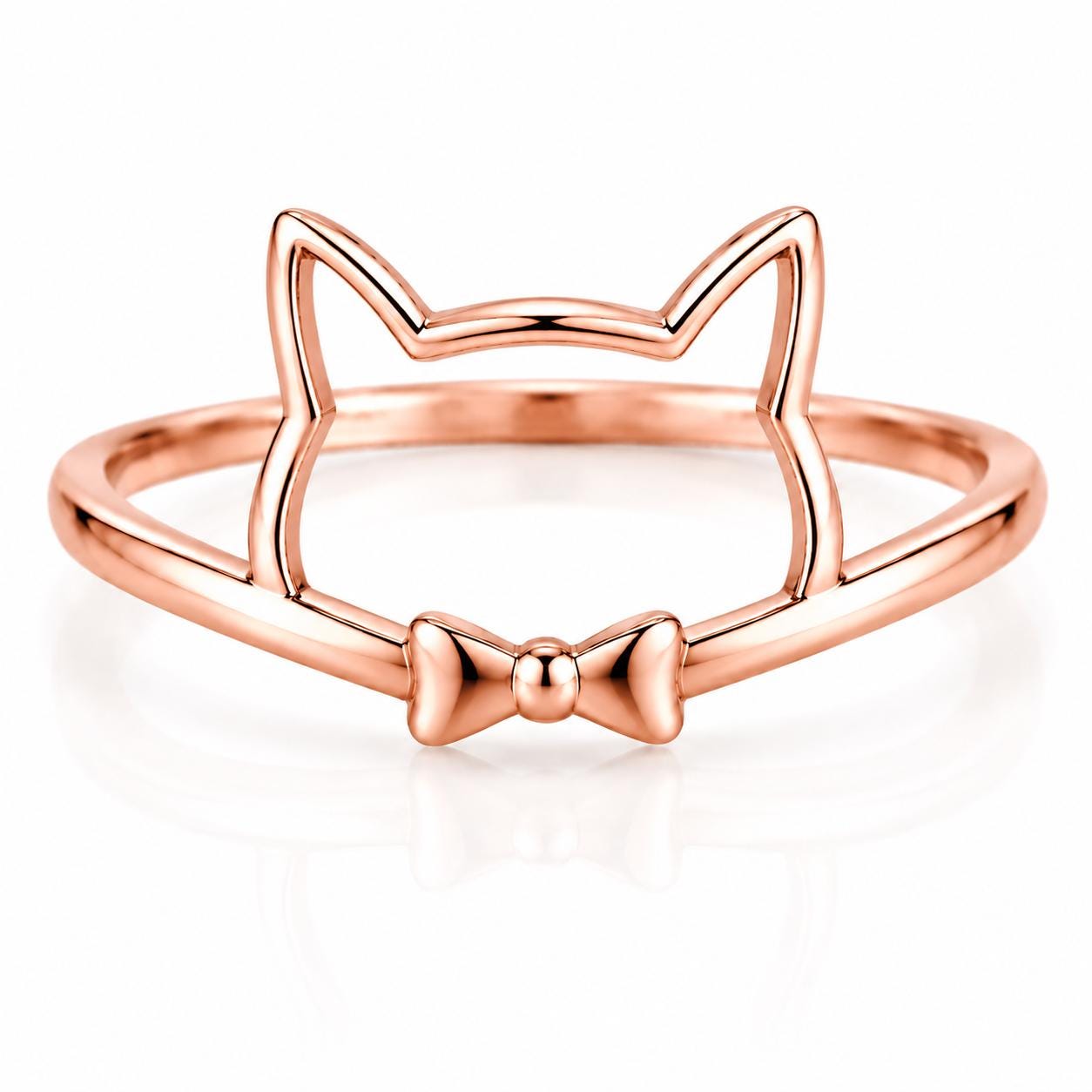 Sterling Silver Cat Face Ring with Bow, Minimalist Animal Jewelry