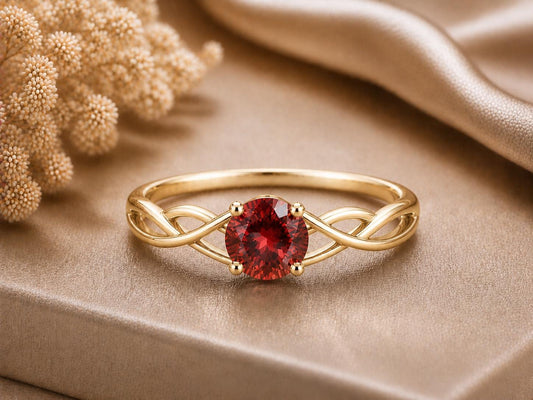 Garnet Infinity Twist Ring, 925 Sterling Silver, Round Red Stone, January Birthstone
