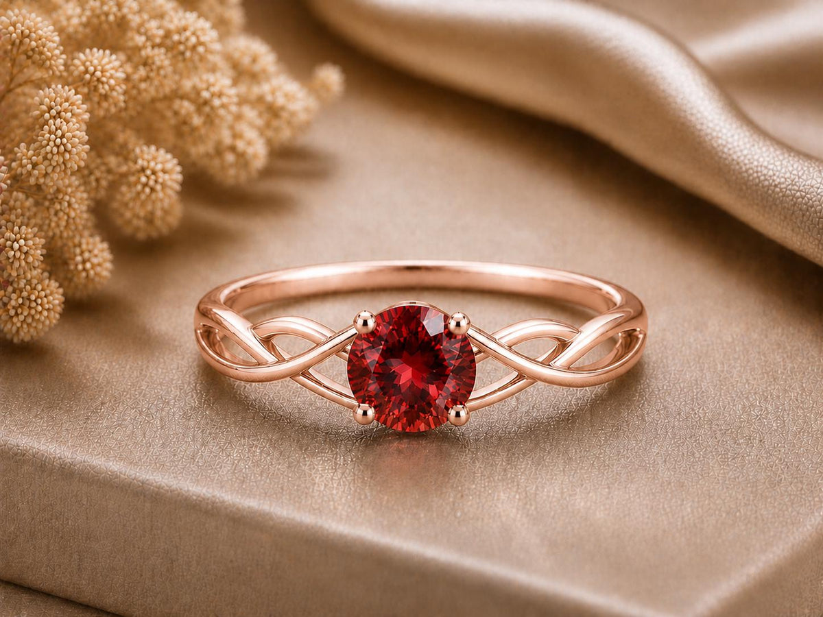 Garnet Infinity Twist Ring, 925 Sterling Silver, Round Red Stone, January Birthstone