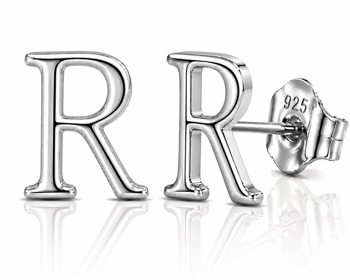 Sterling Silver Letter R Stud Earrings, Minimalist Alphabet Jewelry