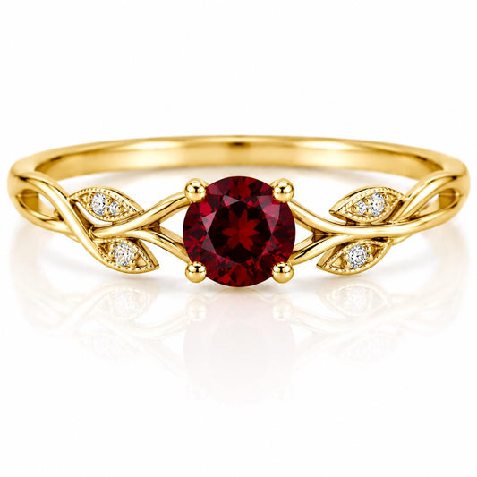 Sterling Silver Garnet Ring, Dainty Vine Leaf, January Birthstone, Minimalist Promise