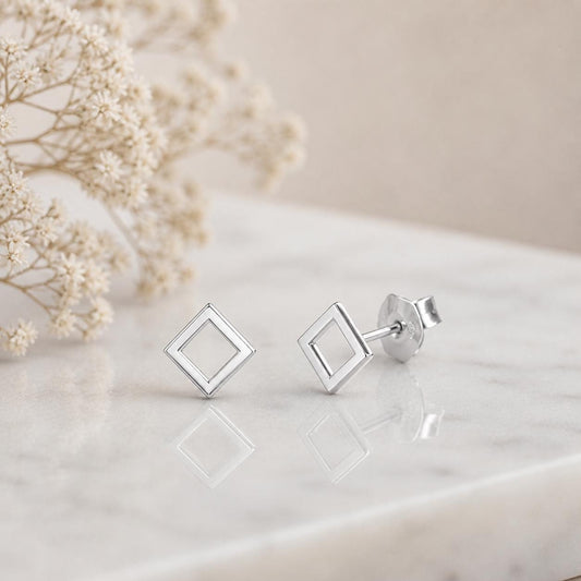 925 Sterling Silver Open Square Stud Earrings, Minimalist Geometric Jewelry