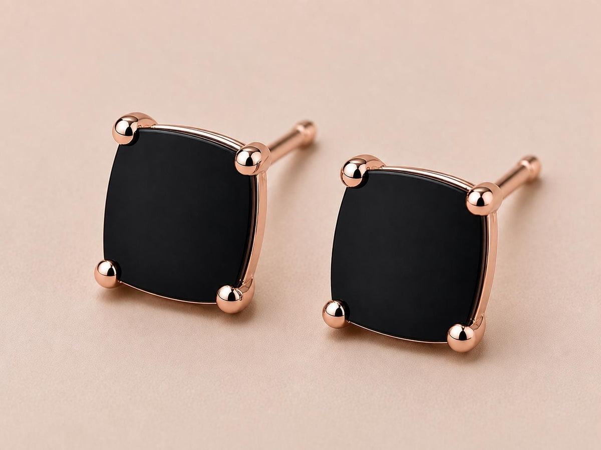 Black Onyx Cushion Cut Solitaire Stud Earrings, 925 Sterling Silver Minimalist Earrings