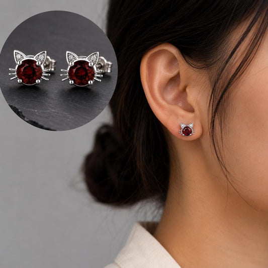 Sterling Silver Garnet Cat Stud Earrings, Animal Lover Jewelry Gift