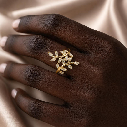 Sterling Silver CZ Leaf Ring, Adjustable Botanical Vine Wrap Jewelry