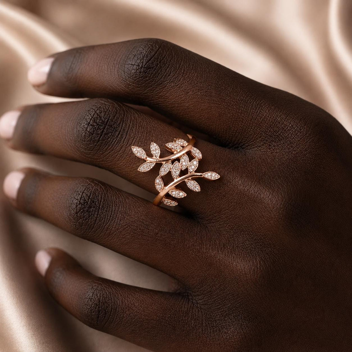Sterling Silver CZ Leaf Ring, Adjustable Botanical Vine Wrap Jewelry