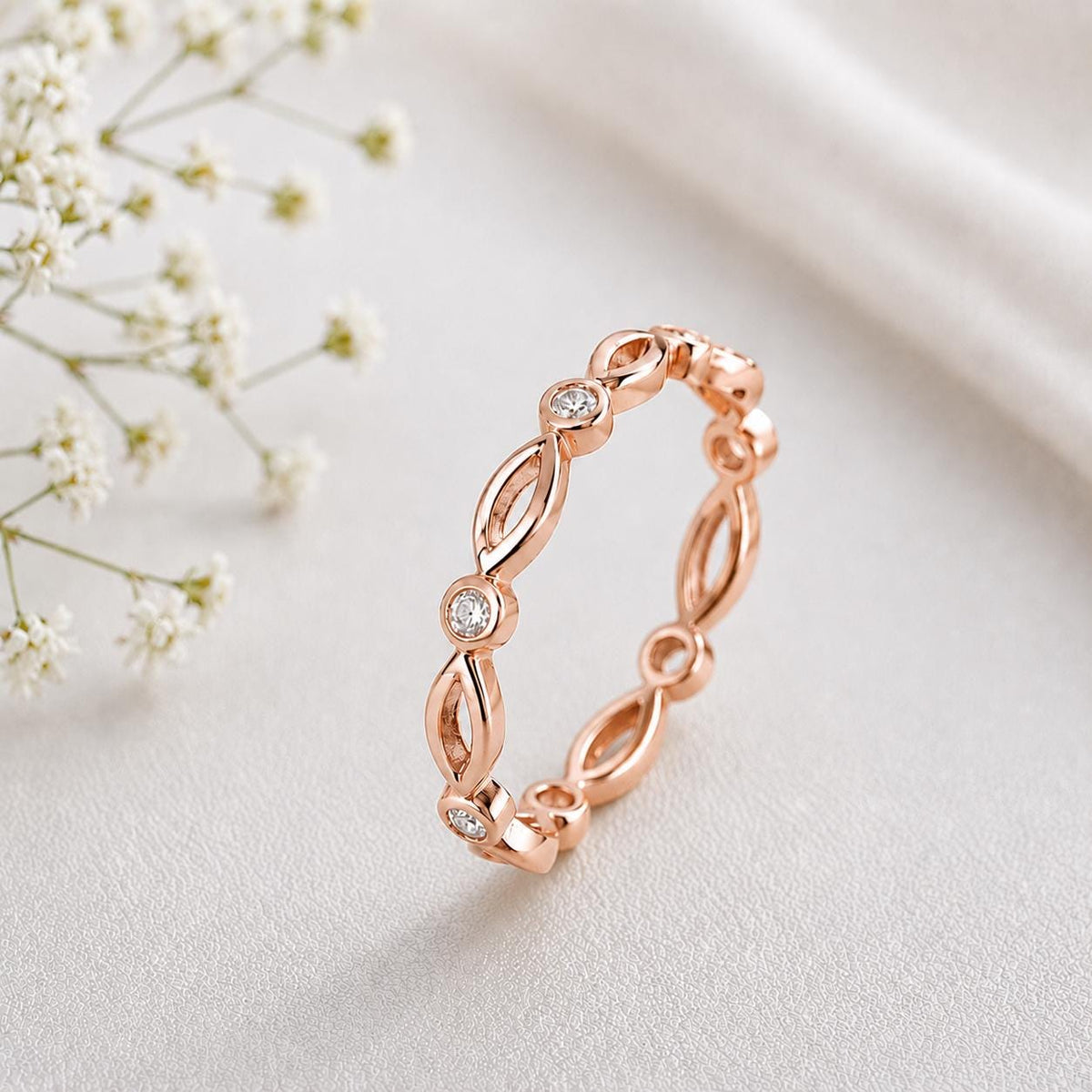 925 Sterling Silver Marquise Leaf CZ Eternity Ring, Minimalist Stackable Band