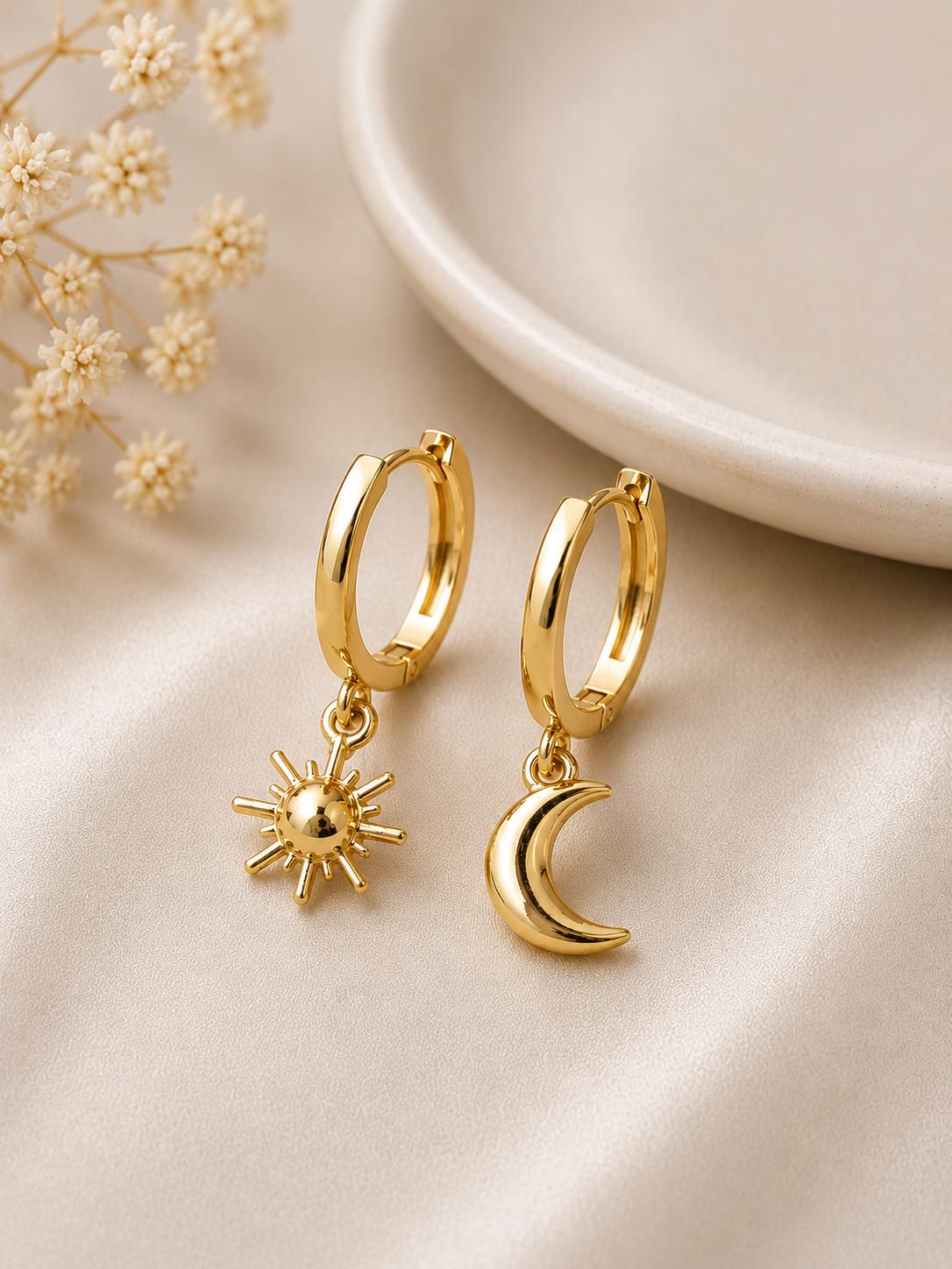 Sterling Silver Sun Moon Mismatched Hoop Earrings, Celestial Charm Dangle Hoops
