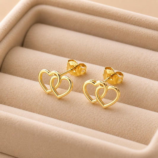 925 Sterling Silver Double Heart Stud Earrings, Minimalist Love Studs, Romantic Gift