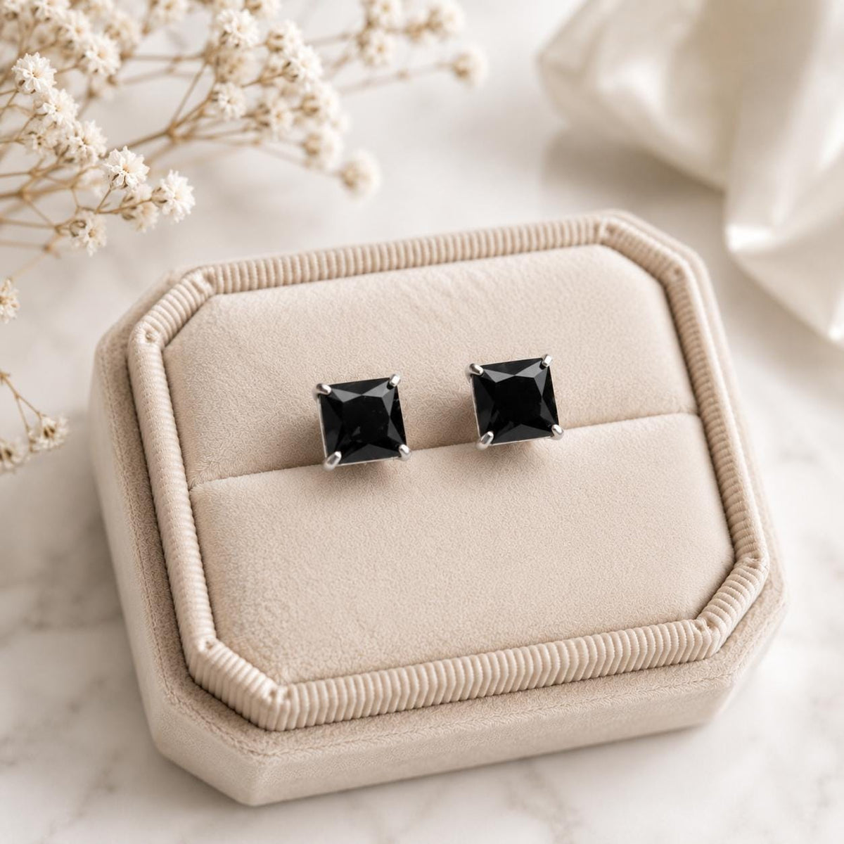 925 Sterling Silver Princess Cut Black CZ Square Stud Earrings, Minimalist Everyday Jewelry