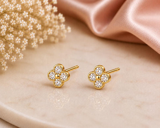 925 Sterling Silver CZ Flower Stud Earrings, Dainty Floral Minimalist Sparkle