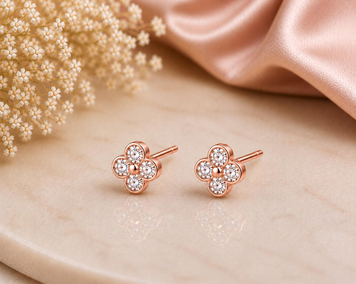925 Sterling Silver CZ Flower Stud Earrings, Dainty Floral Minimalist Sparkle