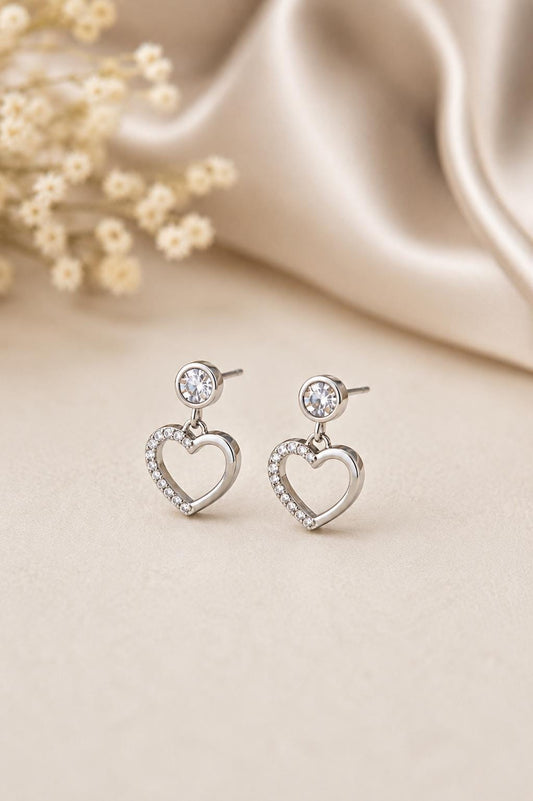 Sterling Silver CZ Heart Drop Earrings, Dainty Dangle Studs, Romantic Minimalist Jewelry