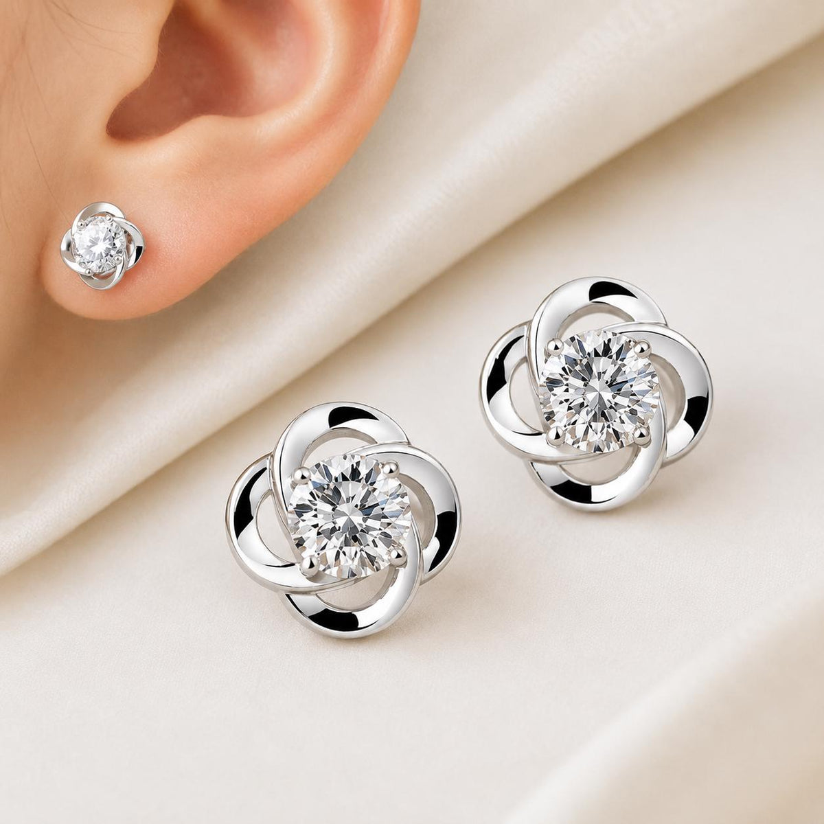 925 Sterling Silver CZ Flower Stud Earrings, Minimalist Floral Round Cut Cubic Zirconia