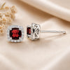 925 Sterling Silver Cushion Cut Red CZ Halo Stud Earrings, Garnet Color Cubic Zirconia