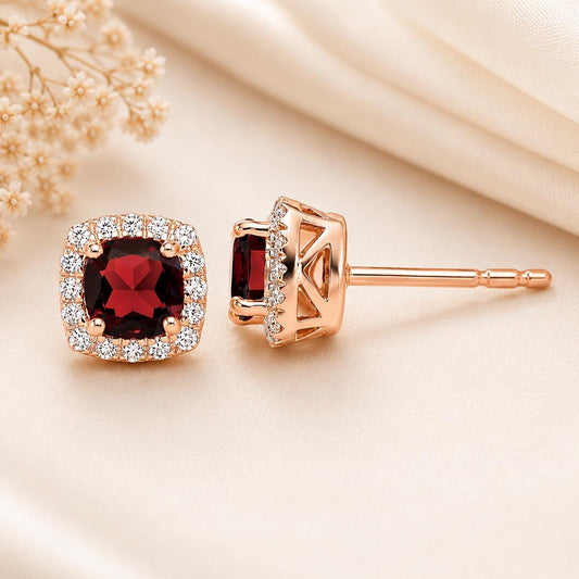 925 Sterling Silver Cushion Cut Red CZ Halo Stud Earrings, Garnet Color Cubic Zirconia