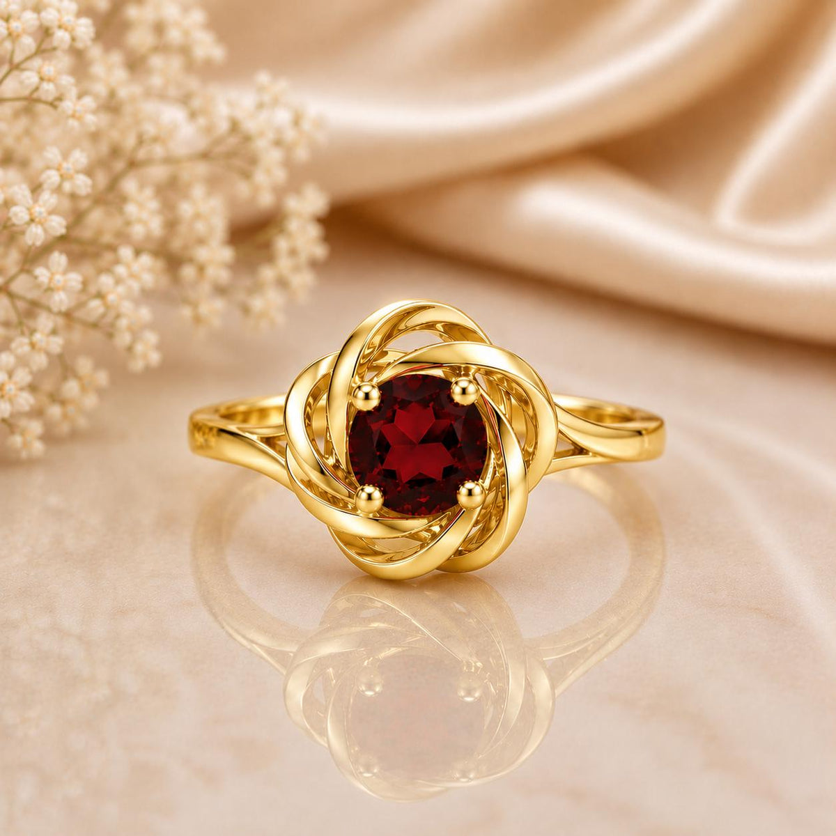 Sterling Silver Garnet Flower, Round Cut Engagement Ring, Floral Swirl Promise Ring