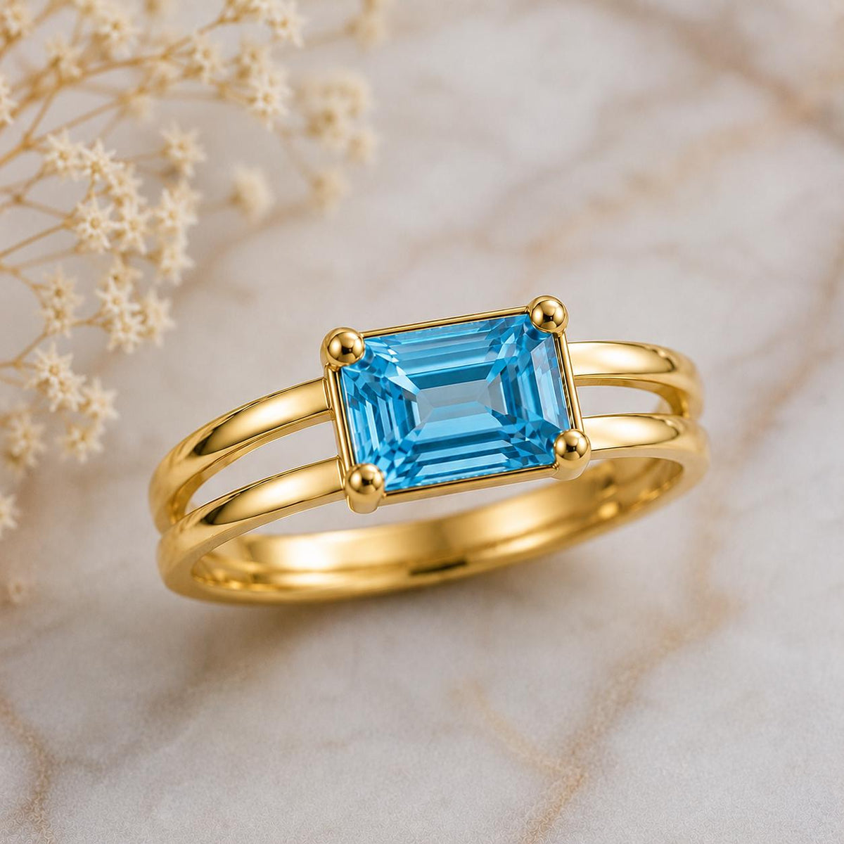 Sterling Silver Emerald Cut Blue Topaz Ring, Minimalist Split Shank Band, December Birthstone
