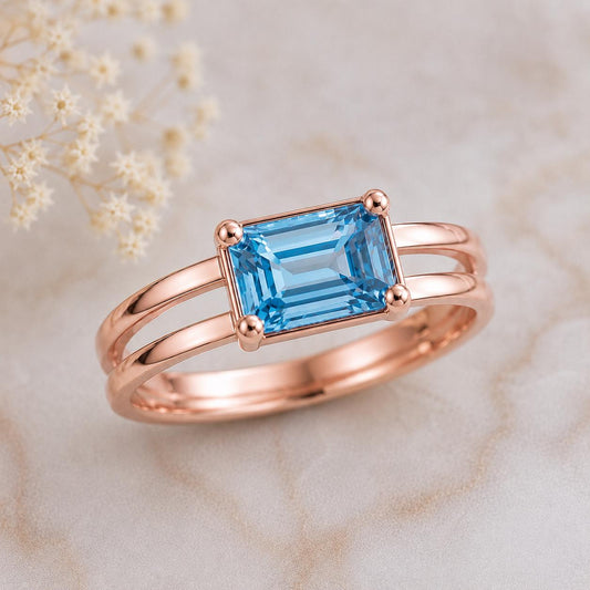 Sterling Silver Emerald Cut Blue Topaz Ring, Minimalist Split Shank Band, December Birthstone