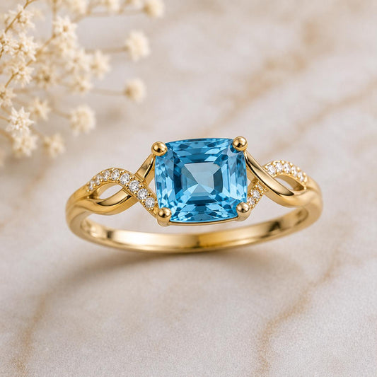 925 Sterling Silver Cushion Cut Blue Topaz Ring, Infinity Band, December Birthstone Gift