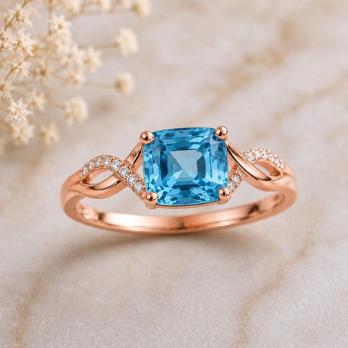925 Sterling Silver Cushion Cut Blue Topaz Ring, Infinity Band, December Birthstone Gift