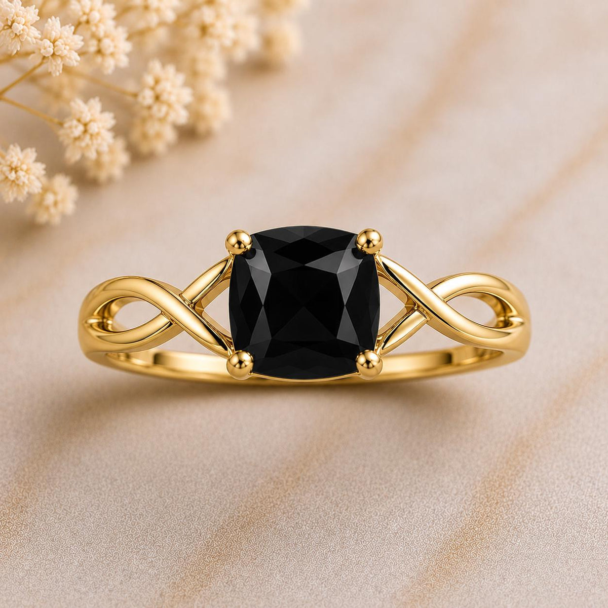 Sterling Silver Cushion Cut Black Onyx Infinity Ring, Minimalist Statement Jewelry