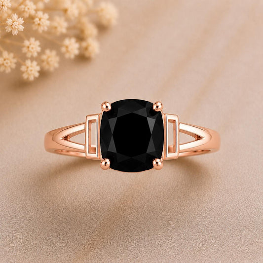 Sterling Silver Cushion Cut Black Onyx Ring, Geometric Split Shank Statement Ring