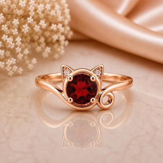 Sterling Silver Red CZ Cat Ring, Round Cut Animal Jewelry, Promise Ring