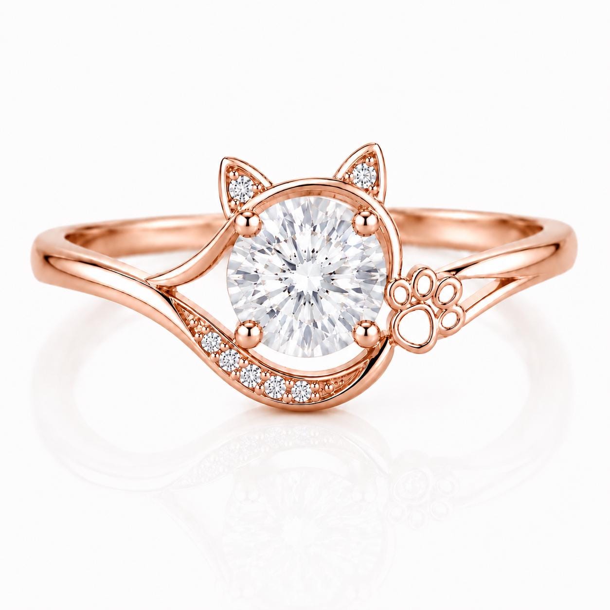Sterling Silver Cat Paw Ring, Round CZ, Animal Lover Promise Ring