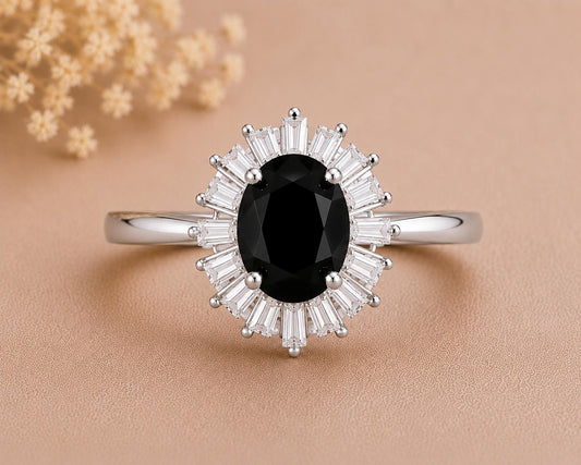 925 Sterling Silver Oval Black Onyx Halo Ring, Art Deco Statement Ring