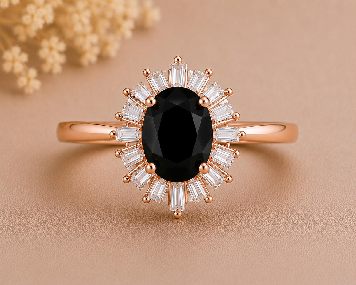 925 Sterling Silver Oval Black Onyx Halo Ring, Art Deco Statement Ring