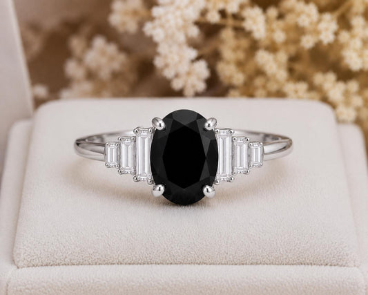 925 Sterling Silver Oval Black Onyx Ring, Art Deco Baguette CZ Statement Ring