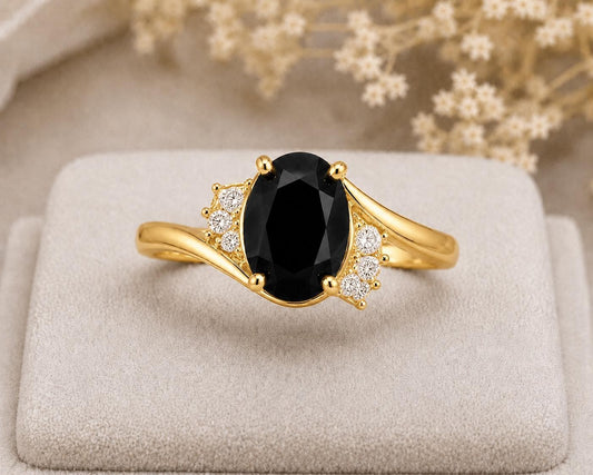 925 Sterling Silver Oval Black Onyx Ring, Vintage Bypass CZ Promise Ring