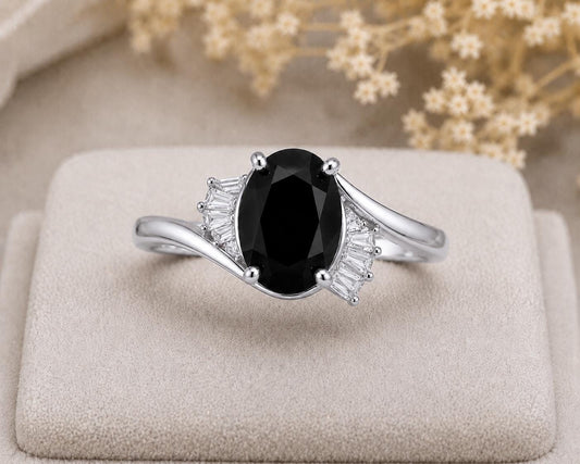 925 Sterling Silver Oval Black Onyx Ring, Baguette CZ Bypass Ring