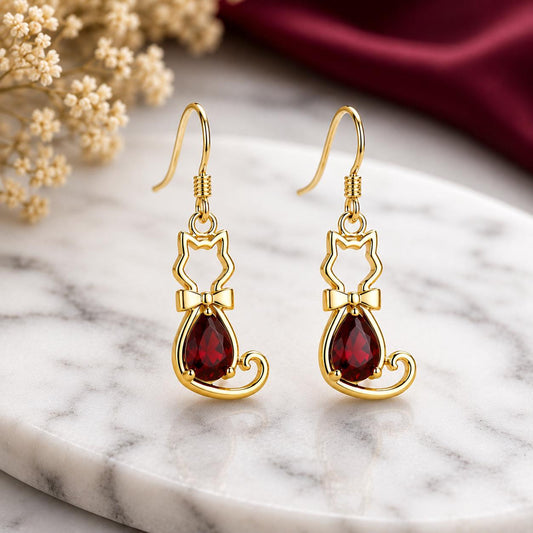 Sterling Silver Garnet Cat Dangle Earrings, Pear Cut Gemstone Animal Jewelry