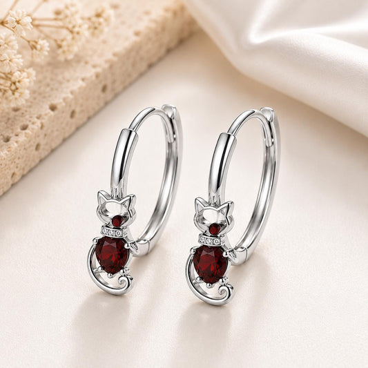 Sterling Silver Garnet Cat Hoop Earrings, Pear Cut Drop Hoops, Animal Lover Jewelry