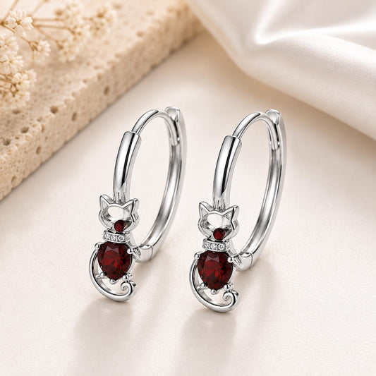 Sterling Silver Garnet Cat Hoop Earrings, Pear Cut Drop Hoops, Animal Lover Jewelry