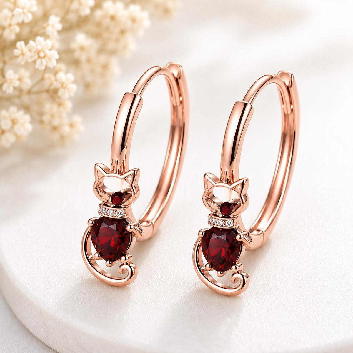Sterling Silver Garnet Cat Hoop Earrings, Pear Cut Drop Hoops, Animal Lover Jewelry