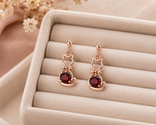 Sterling Silver Garnet Cat Dangle Earrings, Animal Silhouette Jewelry, Pet Lover Gift