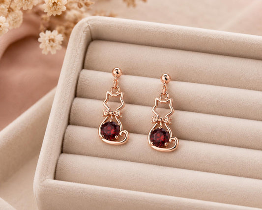 Sterling Silver Garnet Cat Dangle Earrings, Animal Silhouette Jewelry, Pet Lover Gift