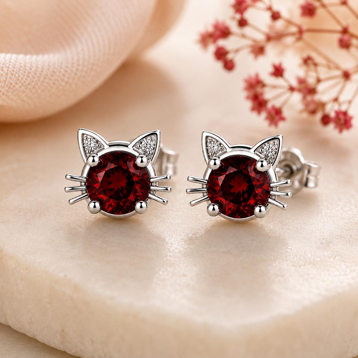 Sterling Silver Garnet Cat Stud Earrings, Animal Lover Jewelry Gift