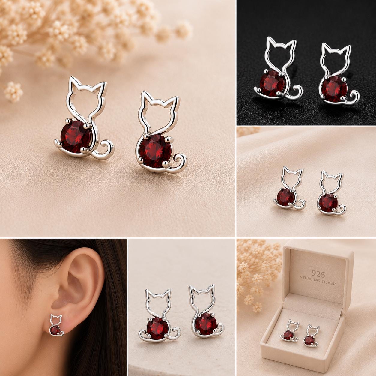 Sterling Silver Garnet Cat Stud Earrings, Minimalist Animal Jewelry, Round Red Gemstone