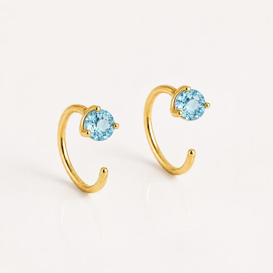 Sterling Silver Swiss Blue Topaz Open Hoop Earrings, Minimalist Round Cut Dainty Jewelry