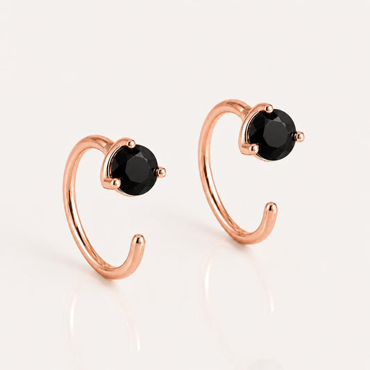 925 Sterling Silver Black Onyx Hoop Earrings, Minimalist Round Cut Jewelry